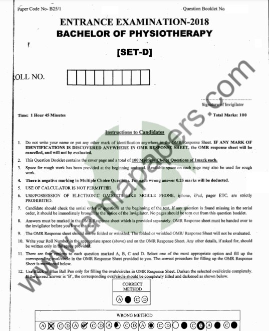 BA Physiotherapy 2018 Entrance Paper